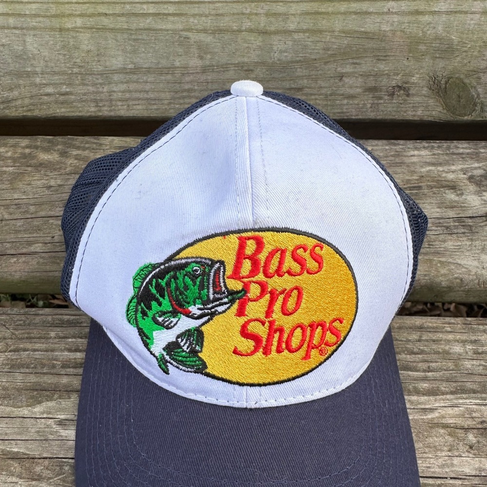 Bass Pro Shops Navy Blue White Mesh Trucker Hat Snapback Fishing Cap OS Gorpcore - Picture 2 of 8